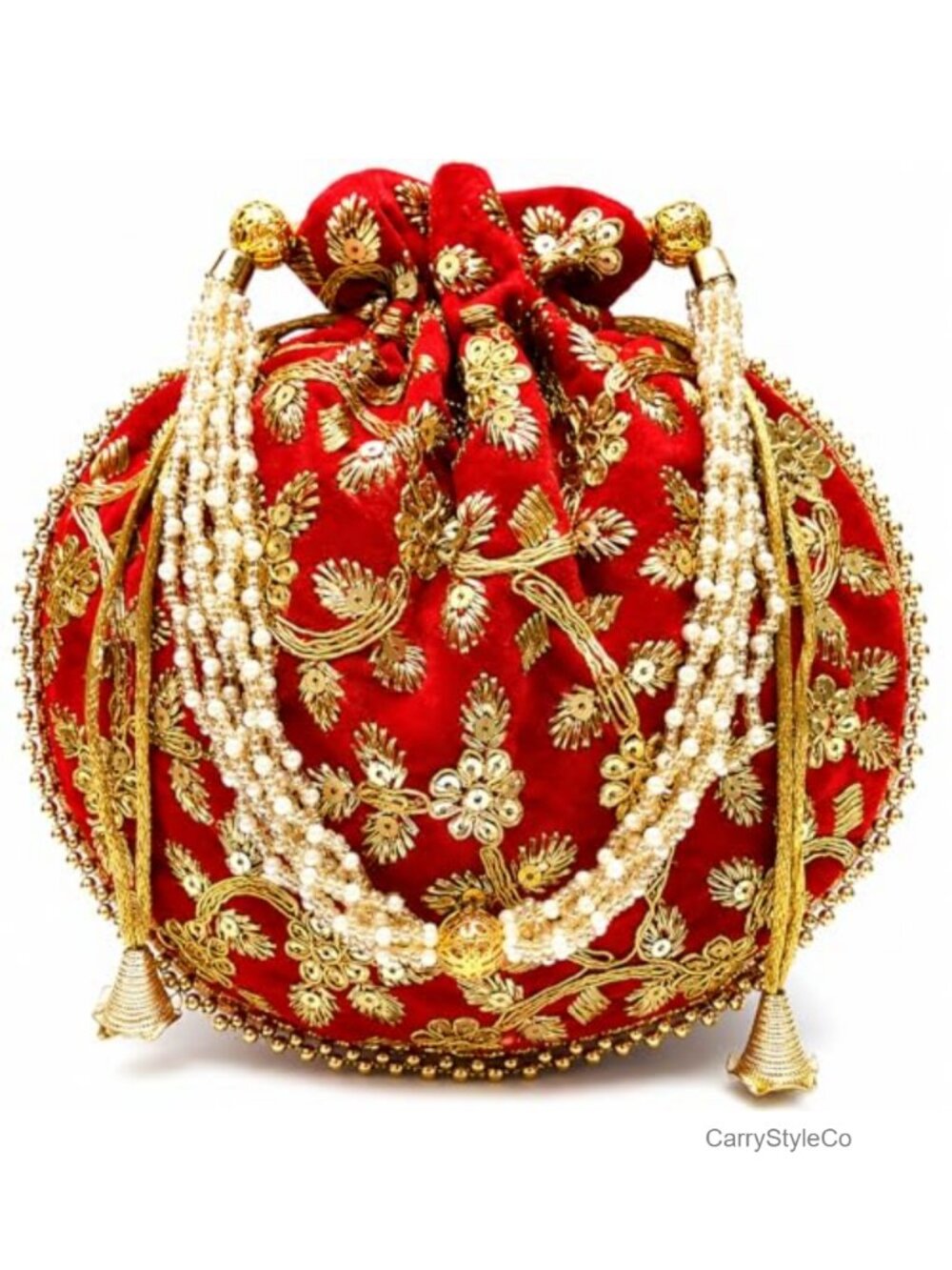 Embroidered Velvet Potli Bag Pearl Handle Drawstring Pouch Clutch